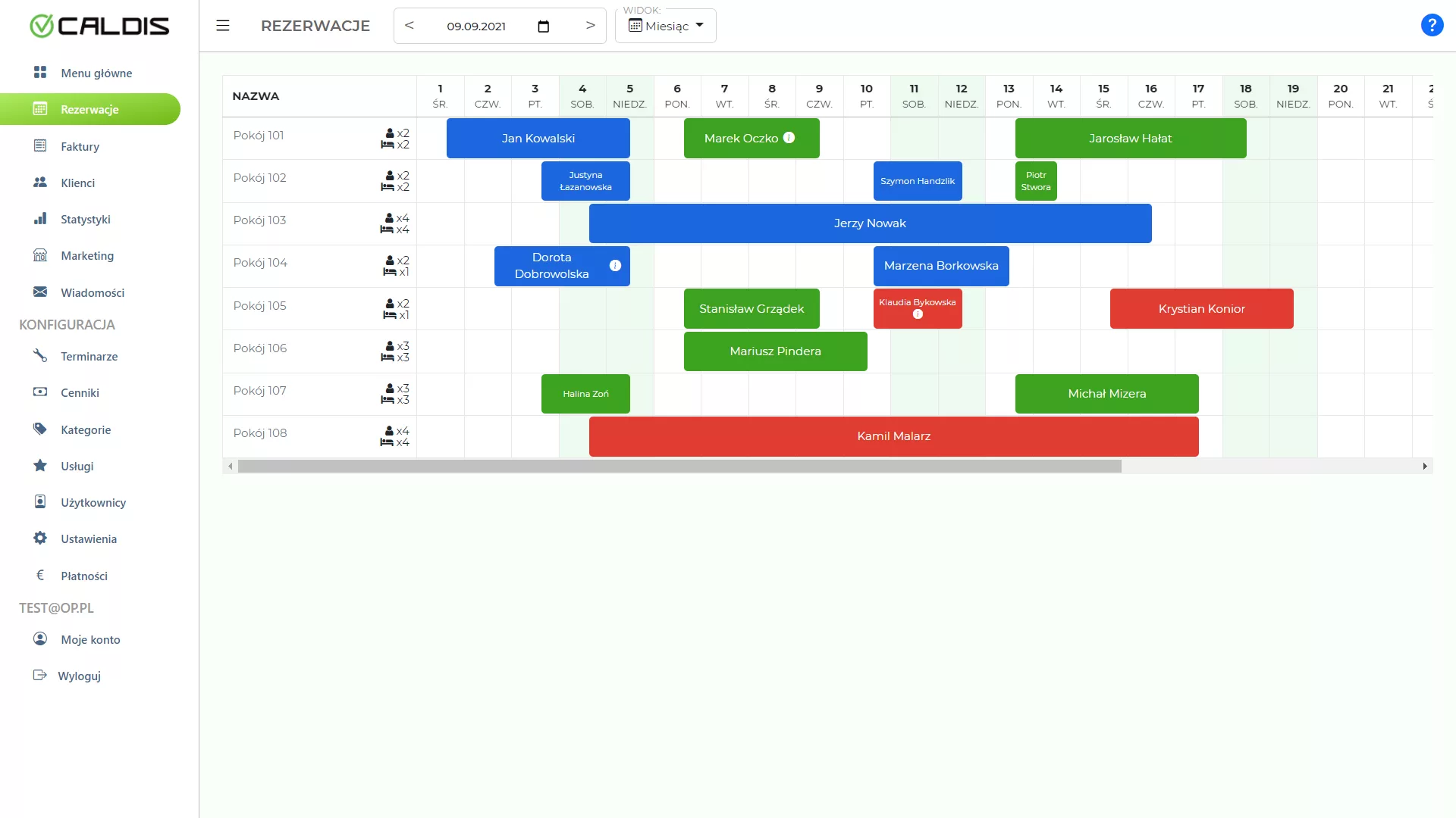 Grafik rezerwacji - przykładowy widok kalendarza w programie CALDIS